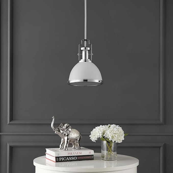 JONATHAN Y 10" Chrome/White Modern Industrial Iron LED Dome Pendant Light, Adjustable Hanging Fixture for Kitchen Island or Entryway, Black Metal Shade, LED Bulb Included (JYL9535C)