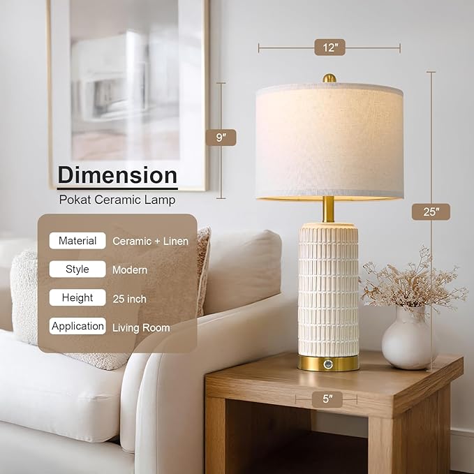 PoKat Touch Bedside Table Lamps with USB Ports for Bedroom, 25'' Dimmable Nightstand Touch Lamps for Living Room, Modern Ceramic Lamps for Night Stands Bedroom, Office, Nursery, White and Beige
