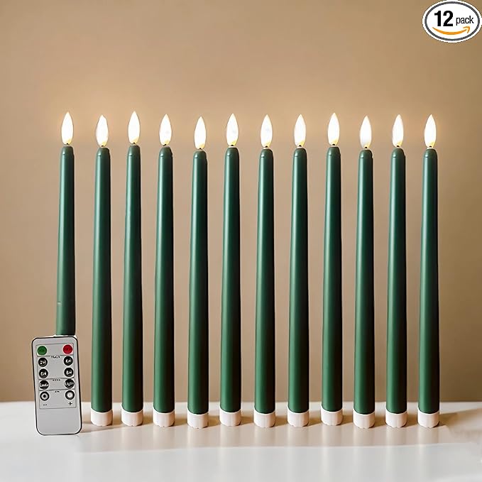 Green Flameless Taper Candles with Remote Timer, Flickering Battery LED Candlesticks Spring Easter Home Decor Set of 12