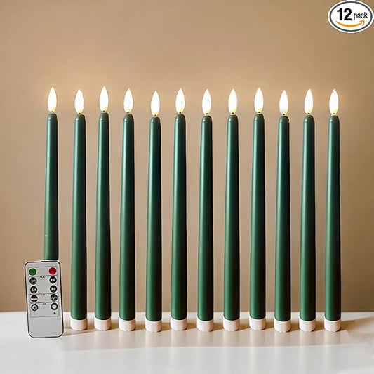 Green Flameless Taper Candles with Remote Timer, Flickering Battery LED Candlesticks Spring Easter Home Decor Set of 12