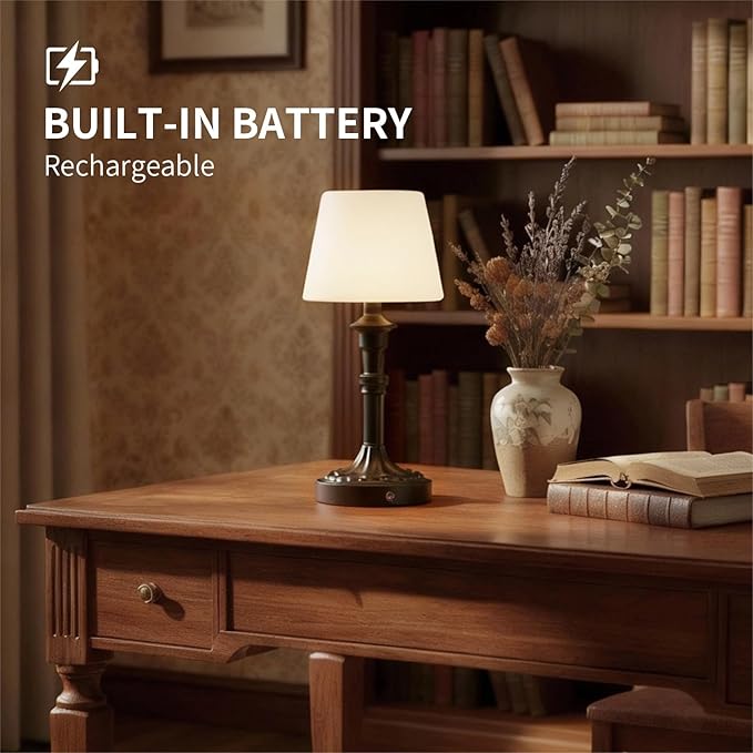 Cordless Table Lamp,Portable LED Desk Lamps,5200mAh Battery Operated, 3 Color Stepless Dimming Up,for Restaurant, Bedroom, Outdoor Camping, Coffee Shop, Night Light (Black)