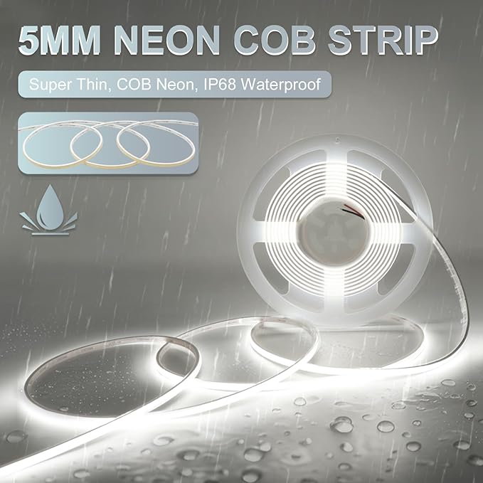 IP68 Waterproof Neon COB LED Strip Light, 16.4ft 24V Ultra-Thin 5mm 6000K LED Tape Light CRI>90 400LEDs/m for Outdoor Bathroom Swimming Pool Decoration (Without Power Supply)