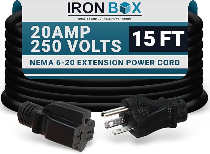 IronBox Electric - NEMA 6-20 Extension Cord - 12/3 SJT Jacket, 20A, 250V Extension Cable - Compatible with Any Generator Equipped with a 6-20 Receptacle - Heavy Duty Cable (Molded, 15 Foot)