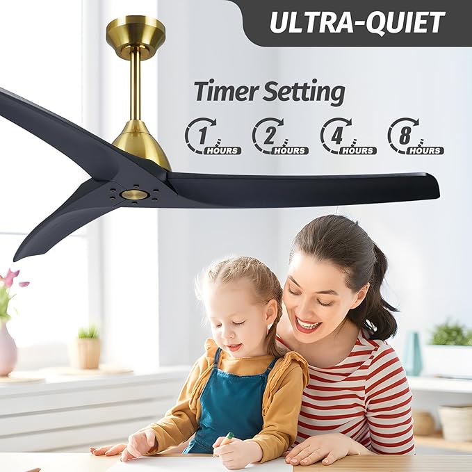 54 Inch Minimalist Ceiling Fan No Lights,Wood Ceiling Fan without Light,6-Speed,Reversible DC Motor,Timer,Outdoor with Remote for Bedroom Living Room Patios,Black and Brass