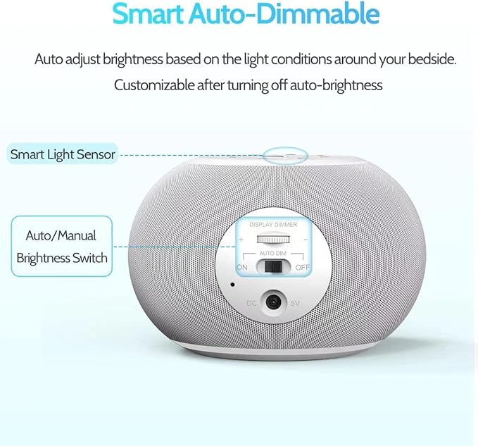 Reacher Auto-Dimmable Sound Machine Alarm Clock with Night Light, 20 Soothing Sounds, LED Digital Display, Sleep Timer, Precise Volume Control, White Noise Soother for Baby, Adults, Bedrooms