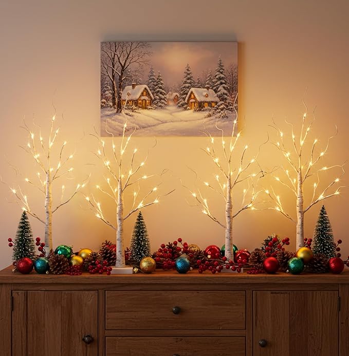 EAMBRITE Home Decorations Light Up White Birch Tree Indoor Christmas Decor, 4 Pack Battery Operated/USB Lighted Tabletop Money Tree Lamp Led Lights Xmas Wedding Centerpiece Table Room (2 Ft)