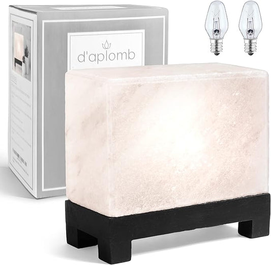 d'aplomb 100% Authentic Natural Himalayan Salt Lamp;Hand-Carved Modern Rectangle Rare White Crystal Rock Salt from The Himalayan Mountain; Footed Wood Base, Dimmer Cord; 11.5 lbs