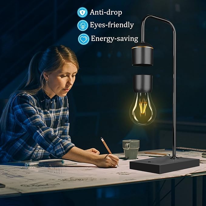 Magnetic Levitating Light Bulb Magnetic Levitation Plastic Black Base Table Lamp Antigravity White LED Night Light Floating Lamps for Christmas Office Gifts Home Decorations