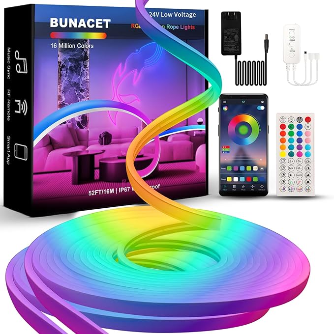 52FT LED Neon RGB+IC Lights, LED Lights with RF Remote & APP Control, Flexible IP65 Waterproof Outdoor,Music Sync,DIY Design, 24V LED Strip Lights for Gaming Livingroom Wall Christmas Decor