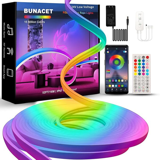 52FT LED Neon RGB+IC Lights, LED Lights with RF Remote & APP Control, Flexible IP65 Waterproof Outdoor,Music Sync,DIY Design, 24V LED Strip Lights for Gaming Livingroom Wall Christmas Decor