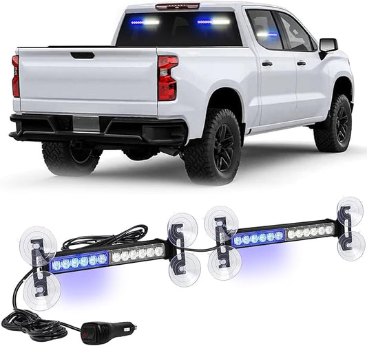 XRIDONSEN 2x 10.7 inch Blue White Emergency Lights 24 LED Warning Flashing Safety Side Window Front/Rear Windshield Strobe Lights Grill Surface Mount for Police Firefighter Ambulance Vehicles Trucks