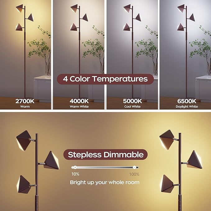 LED Tree Floor Lamp, 36W Dimmable Tall Standing Lamp with Remote & Touch Control, 2700K-6500K 4 Color Temperatures, 3 Rotatable LED Lights Floor Lamps for Living Room, Bedroom, Office - Brown