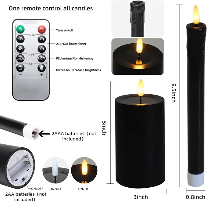 Black Flameless Candles, Battery Operated Candles, Real Wax Black LED Candles, Flickering Remote Control for Home Fall Halloween Decor Party Gifts, Set of 4