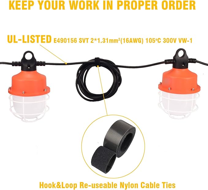 dephen 100W LED Construction String Lights, 50ft Linkable Worklight, 14000Lm Portable Outdoor Lamps, Plug in Temporary Lighting for Job Site, Workshop, Garage, Warehouse UL-Listed