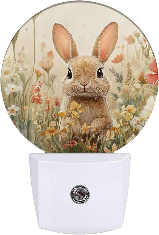 Cute Rabbit Night Light,Spring Wildflowers Plug-in Night Lights with Dusk-to-Dawn Sensor for Bedroom Bathroom and Living Room Sleep Friendly Rabbit