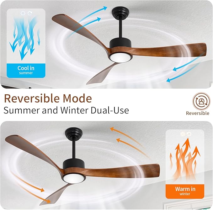 52inch Ceiling Fan with Lights,Wood Ceiling Fans with Remote Control,Dimmable Light,3 CCT,6 Speeds,Noiseless DC Motor,2 downrod,Ceiling Fan for Bedroom,Living Room,Office,Indoor,Dark Brown