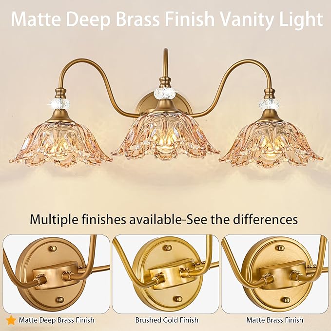 Vintage Bathroom Vanity Light, 3-Light Matte Deep Brass Finish Vanity Light with Flower-Shaped Amber Glass Shades, Retro Wall Sconce for Bathroom