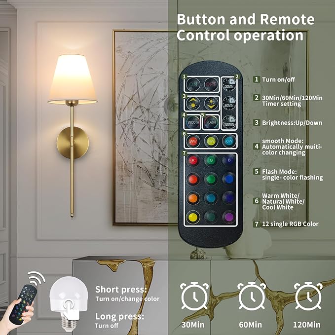 Battery Operated Wall Sconce Set of 2, 15 Colors Wireless Wall Light With Dimmable Remote Control Last 18-50 Hours, Gold Rechargeable Wall Lamp With White Fabric Shade For Living Room Bedroom Hallway