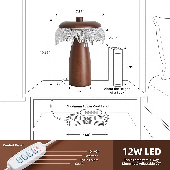 Wood LED Table Lamp,3 Color Temperature Table Lamps,12W Modern Table Lamp Plug-in Bedside Lamp for Bedroom,Nightstand,Living Room