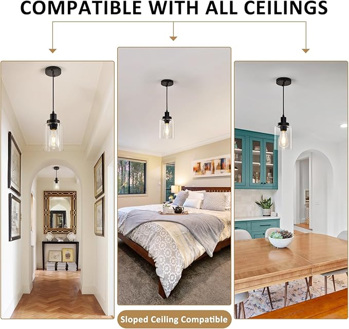 Industrial Pendant Lighting, Modern Clear Glass Shade Farmhouse Adjustable Hanging Light Fixtures for Kitchen Island Living Room Bedroom Hallway, 3-Pack