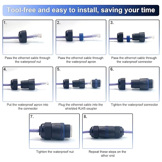 VCELINK Waterproof RJ45 Connector IP68, Shielded Waterproof Ethernet Coupler PoE, Cat6/Cat5e/Cat5 Coupler Outdoor 2-Pack, 3.23in