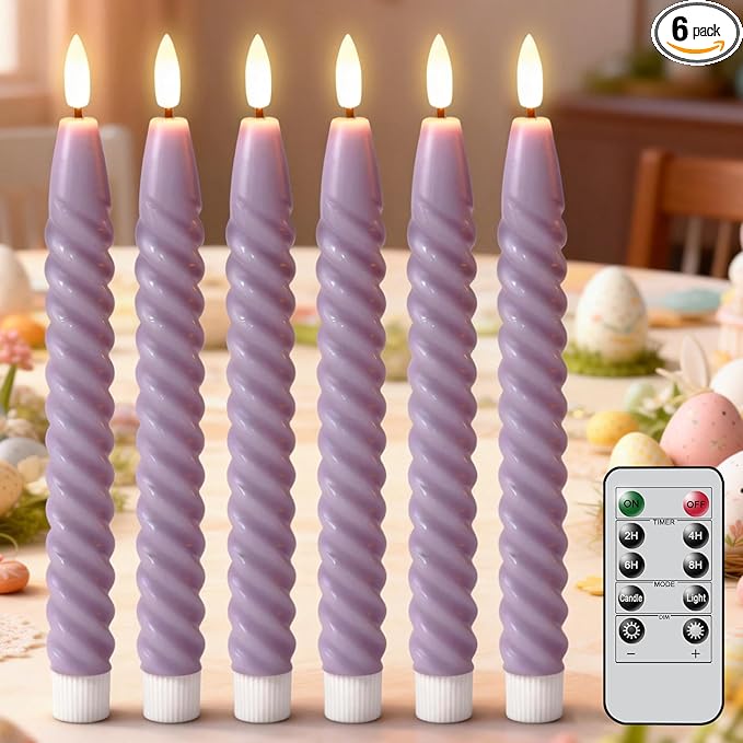 Easter Flameless Taper Candles Flickering with Remote Timer, Gentle Lavender Battery Operated Real Wax LED Spiral Candles for Home Wedding Spring Easter Decoration(0.78 X 9.8 Inchs)
