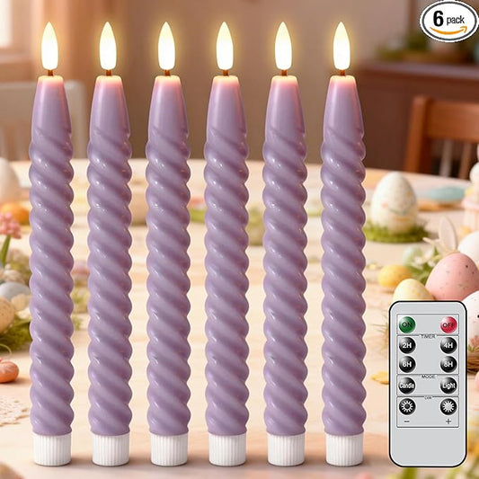 Easter Flameless Taper Candles Flickering with Remote Timer, Gentle Lavender Battery Operated Real Wax LED Spiral Candles for Home Wedding Spring Easter Decoration(0.78 X 9.8 Inchs)