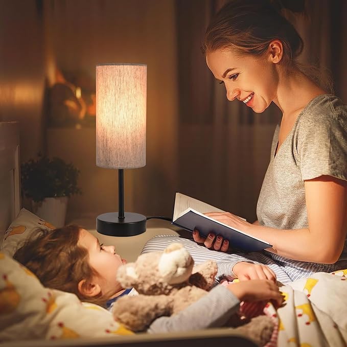 2 Pack Small Table Lamps for Bedroom, Bedside Lamps for Nightstand with Wire Switch, Minimalist Modern Desk Lamps with Linen Fabric Shade for Kids Room Living Room Office Dorm, Bulb Included