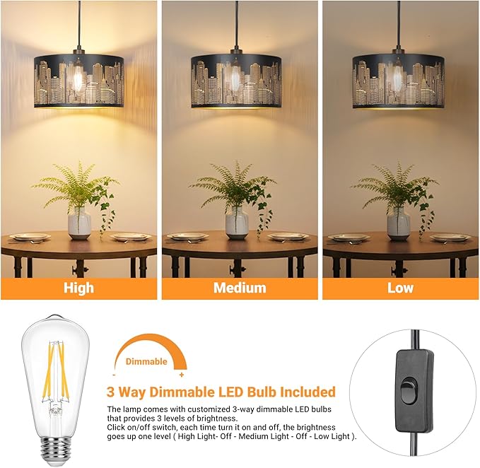 Plug in Pendant Light,Hollowed-Out City Hanging Lamp with 14Ft Plug in Cord, Rustic Farmhouse Pendant Lights for Kitchen Dining Room Bedroom Entryway, with 3-Way Dimmable Bulb (City)