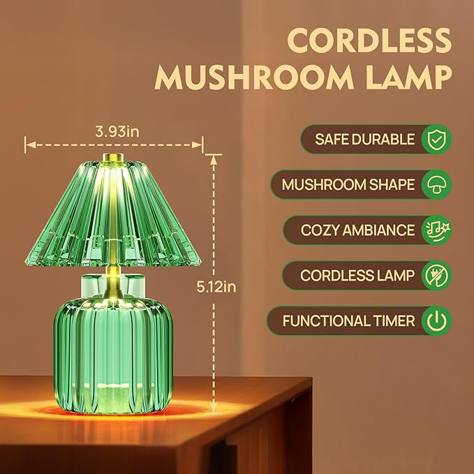 Small Battery Operated Lamp with Timer, Tiny Cordless Glass Table Lamp for Home Decor, Kitchen, Bathroom, Birthday Gift for Women, Jelly Green