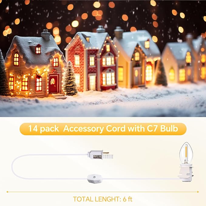 Enhon 14 Pack C7 Accessory Cord with LED Bulb, Each 6 ft Blow Mold Light Cords with On/Off Switch for Christmas Village House Halloween Pumpkin Holiday Ceramic Tree and Craft Projects