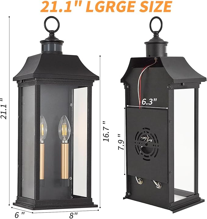Dusk to Dawn Motion Sensor Outdoor Wall Lantern 2-Light,21.1" Large Exterior Wall Sconce Lighting,Modern Black Wall Light Fixture with Glass, Waterproof Exterior Lamp for Patio, House, Porch, Garage