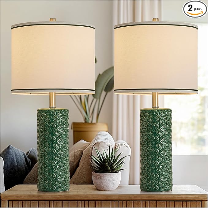 27" Farmhouse Bedside Table Lamp Set of 2, Green Modern Ceramic Lamps for Living Room, 3 Color Temperature Rustic Table Lamps for Bedroom, Night Stands, Dorm,Office, Home Décor (Bulb Included)