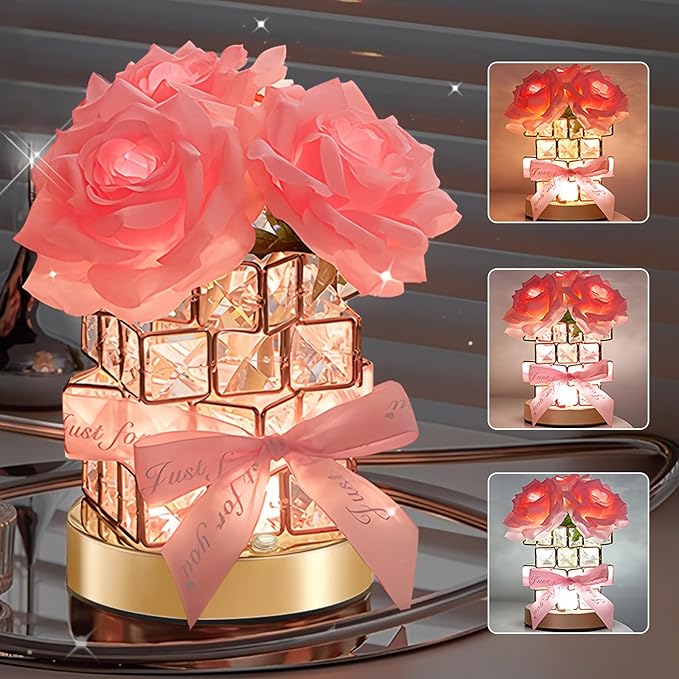 ONXE Valentines Day Birthday Gifts for GF Girlfriend Mom Wife, Flower Cordless Crystal Table Lamp,3-Colour Dimming Rechargeable Forever Rose Bedside Lamp Night Light Anniversary Decor for Women Men