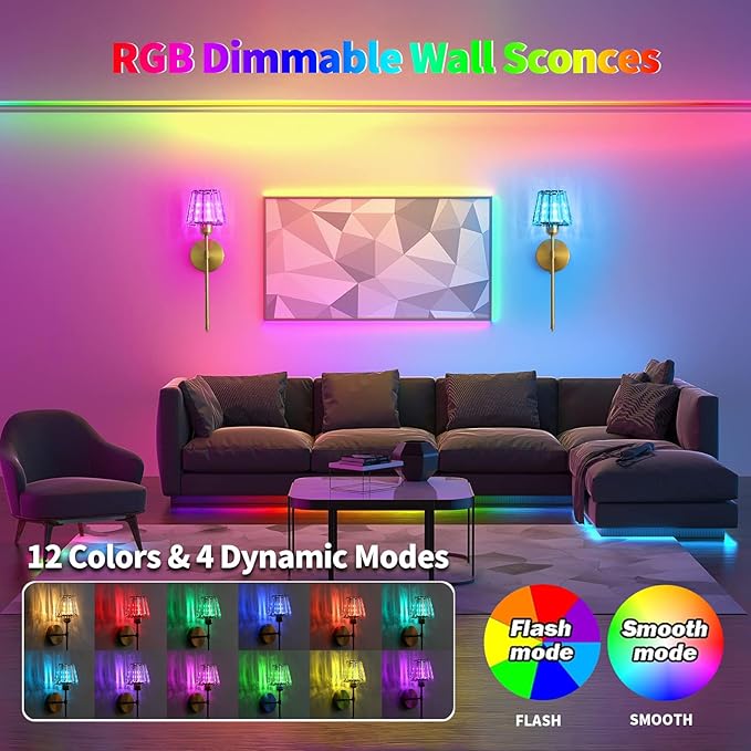 Battery Operated Crystal Wall Sconce Set of 2, Gold Rechargeable Wireless Wall Sconces with Remote Dimmable 12 Colors Modes Led Wall Lights, Wall Lamp for Bedroom Living Room Hallway, 2 Bulbs Included