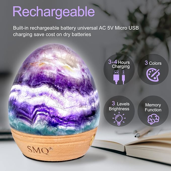 SMQ Egg-Shaped Rainbow Fluorite Crystal Night Light USB Chargeable Dimmable Touch-Control Gemstone Night Warm Cold LED Bedside Table Lamp for Kids,Adults Living Bedroom Decor