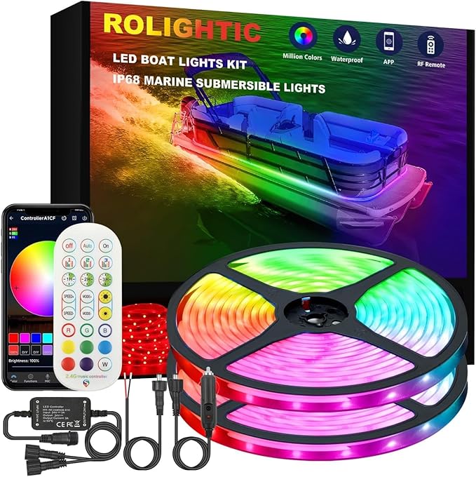 Marine Submersible Boat LED Strip Lights, 66FT IP68 Waterproof Underwater Boat RGB Lights, Boat Deck Light, Under Boat Lights for Night Fishing Pontoon Boats, RF/APP Control