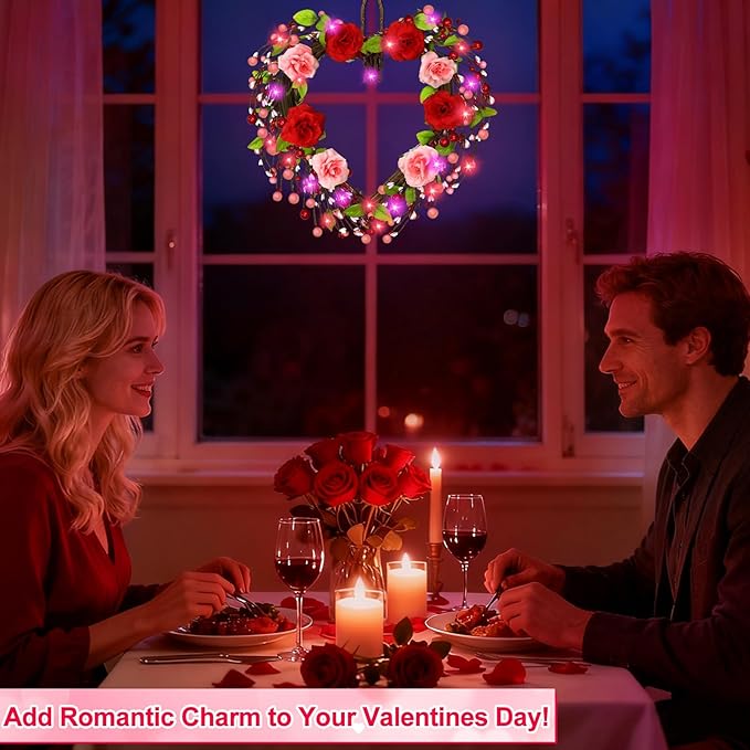 Valentines Day Wreath Decor with 20 Red and Pink Lights Timer, 18 Inch Valentines Wreaths for Front Door Rose Berry Green Leaf, Wood Heart Wreaths for Anniversary Valentines Day Decor Outdoor Indoor