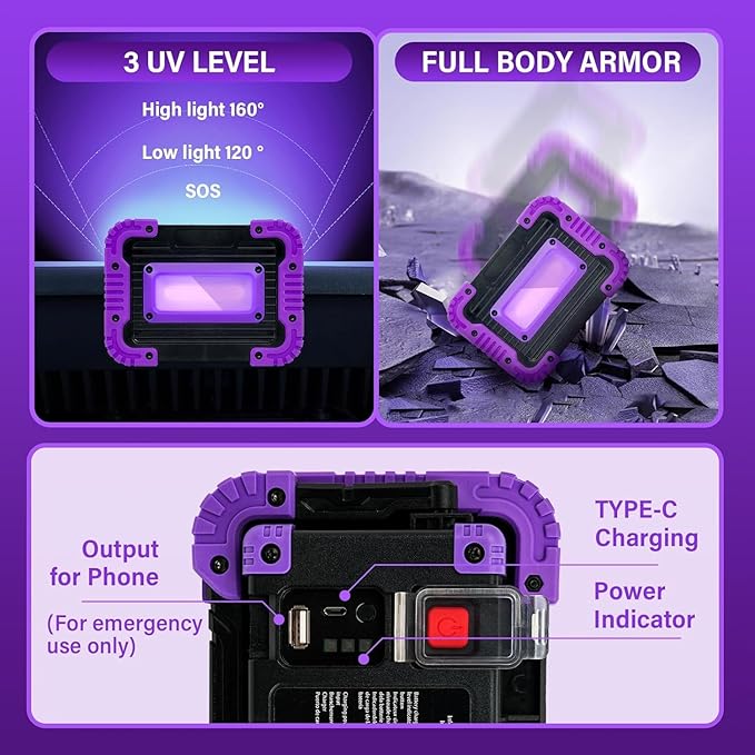 Rechargeable Black Light, Battery Powered Blacklight, Cordless 395nm Ultraviolet Flood Light for Neon Glow Party,Halloween,Body Paint,2 Packs