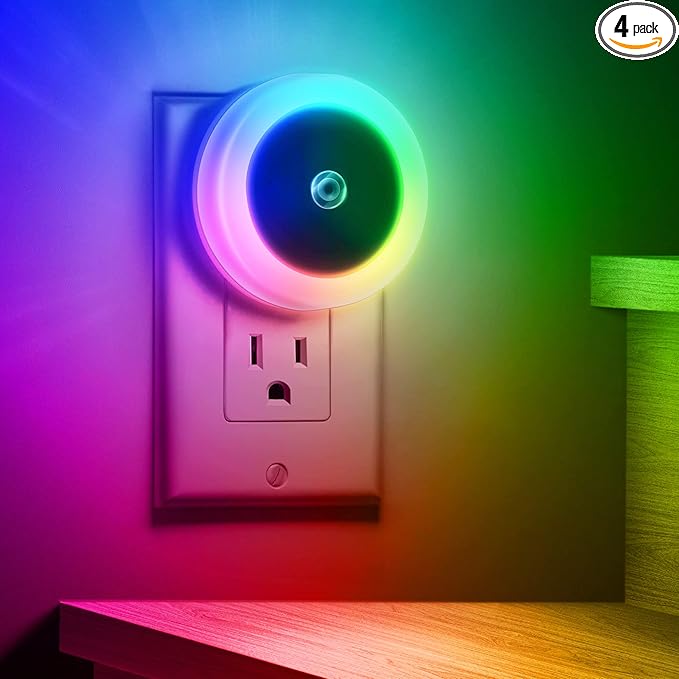 Briignite Kids Night Lights - Dynamic RGB Color Changing, 4 Pack with Light Sensors for Bedroom, Plug-in for Boys & Girls