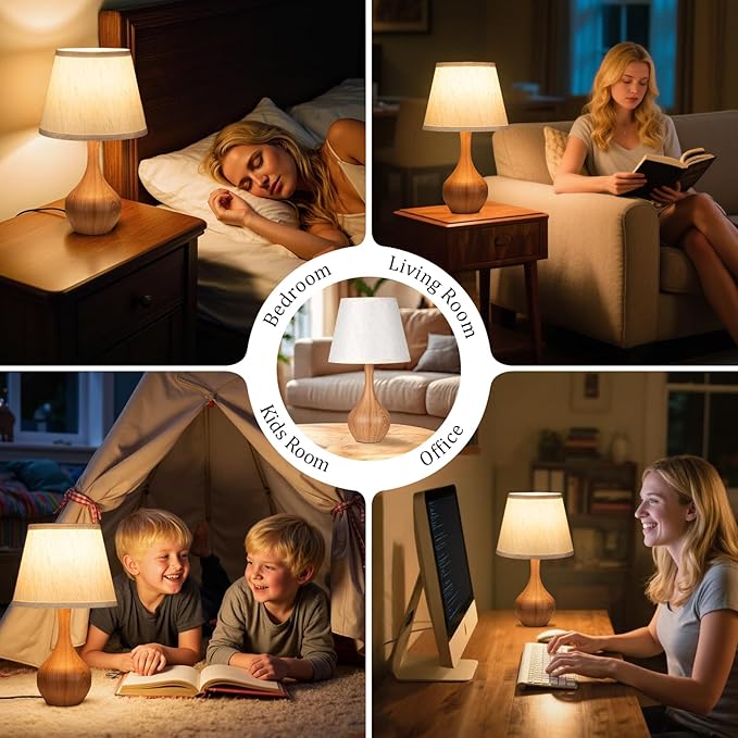Seealle Touch Table Lamp for Bedroom, 3-Way Dimmable Small Bedside Lamps for Night Stands with Wires, Wood Desk Lamp for Kids Room, Office, Living Room, End Table(LED Bulb Included)