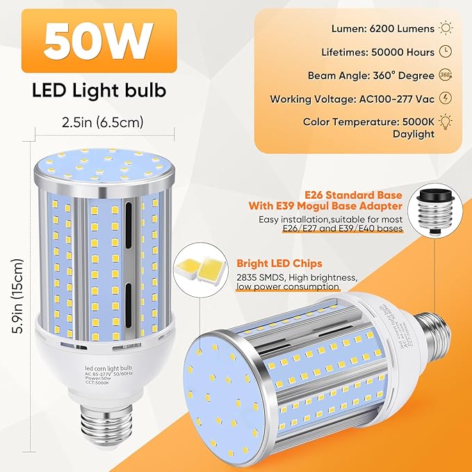 50W LED Corn Light Bulb(5 Pack),(490 Watt Equivalent) Fanless E26/E39 Medium/Large Mogul Base LED Cob Lamp 5000K Daylight 6,200LM for Outdoor Indoor Garage Warehouse Factory Workshop Street Backyard