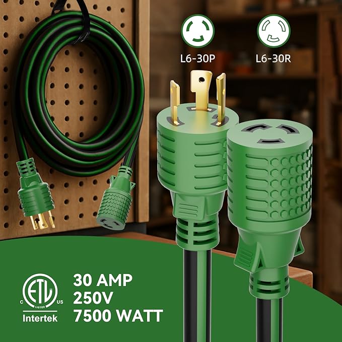 NEMA L6-30 Extension Cord 10FT, 30 Amp 250V 7500W, L6-30P to L6-30R Twist Lock Generator Cord, 10 Gauge SJTW, Heavy Duty Locking Power Cord for Welding, Brewing, and Industrial Use, ETL Listed