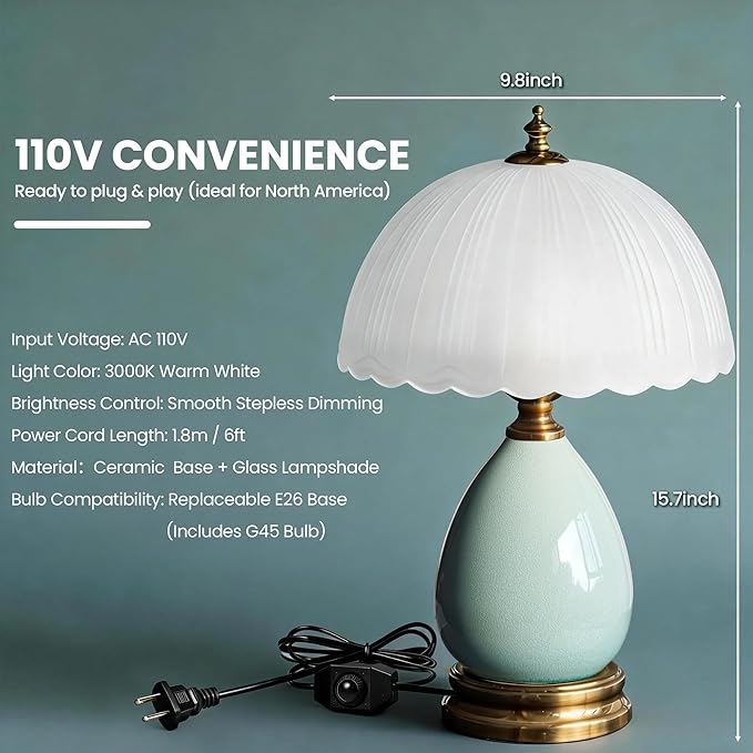 Decorative Ceramic Table Lamp with Frosted Glass Shade, Small Bedside Nightstand Lamp with Dimmable Light, 6ft Cord, E26 Bulb Included for Bedroom & Living Room