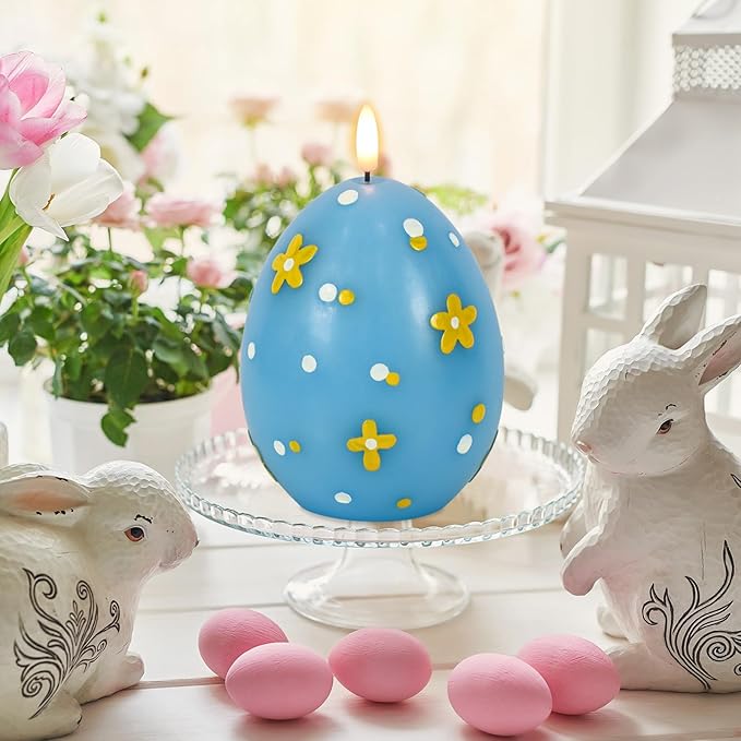 Eldnacele Easter Flameless Candles with 6H Timer, Battery Operated Egg Shaped 3D Wick Flickering Candle Real Wax Blue LED Candles for Easter Party Spring Dinner Decor(2.4"×6.3")