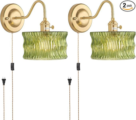 Plug in Wall Sconce Set of 2, Gold Vintage Wall Decor Lights with Green Ripple Glass Shade, Indoor Brass Corded Wall Lamp Fixture for Bedroom Living Room Bathroom Hallway