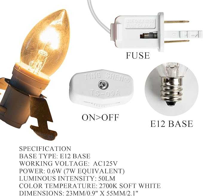 Dazzle Bright 4 Pack 6 FT Accessory Cord with Incandescent Light Bulb E12 Socket White Cord with On/Off Switch Plug, C7 Candelabra Light Bulbs for Holiday Decorations, Christmas Village House