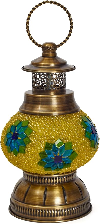 Portable Turkish Mosaic Lamp – Handmade Tiffany-Style Glass Light with Bronze Base and LED Bulb – Battery Powered Bedside Decor Lamp (Chamomile Pattern) – Globe Size 6.5"