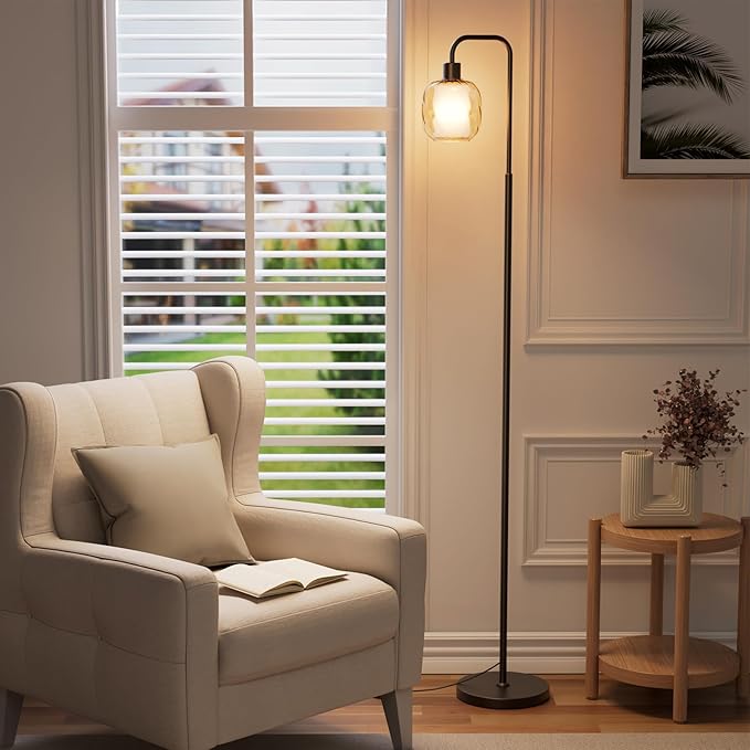 Glass Floor Lamps for Living Room, Modern Standing Lamp with Ceramic & Champagne Gold Ribbed Glass Lampshade, Pedal Switch, 65" Black Industrial Floor Lamp for Bedroom Study Room (with LED Bulb)