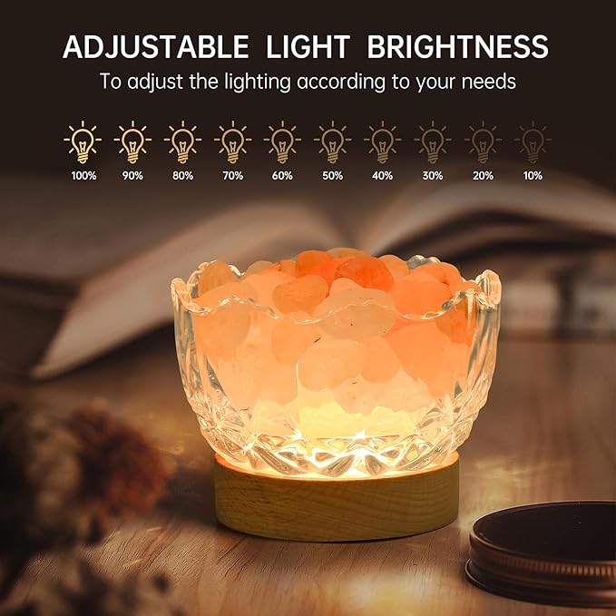 Himalayan Salt Lamp, Pink, Wooden Base, 10 Levels of Light Intensity Adjustment, USB Plug, 1 Year Warranty